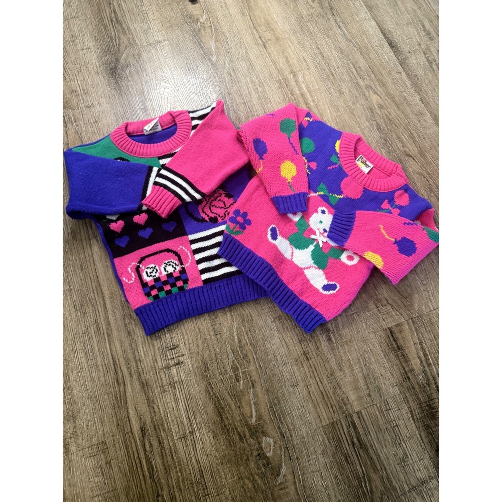 Hot Fudge Vintage Knit Sweater Set 2pc Pink Purple Bear Patchwork Made in USA